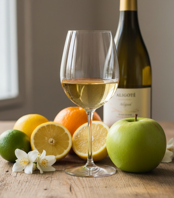 Aligoté Wein neben Früchten